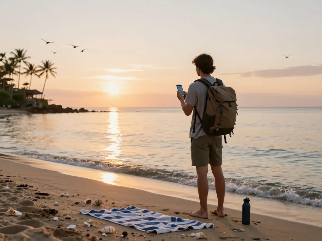 Traveler discovering here at a beach with smartphone and backpack during sunset.