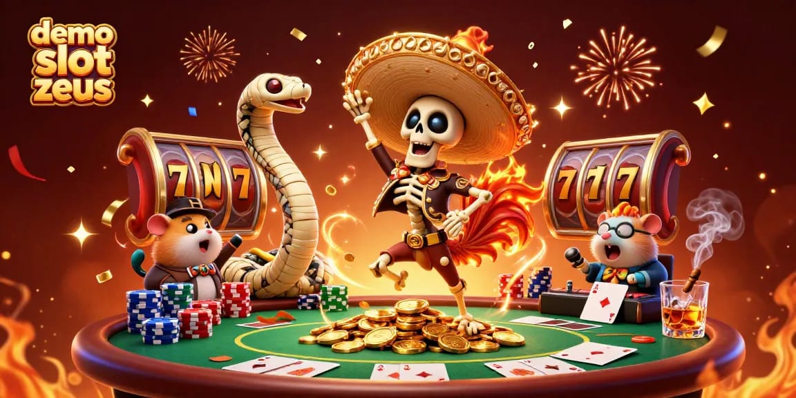 Engage with demo slot zeus in this vibrant, animated scene of playful characters and gambling elements.