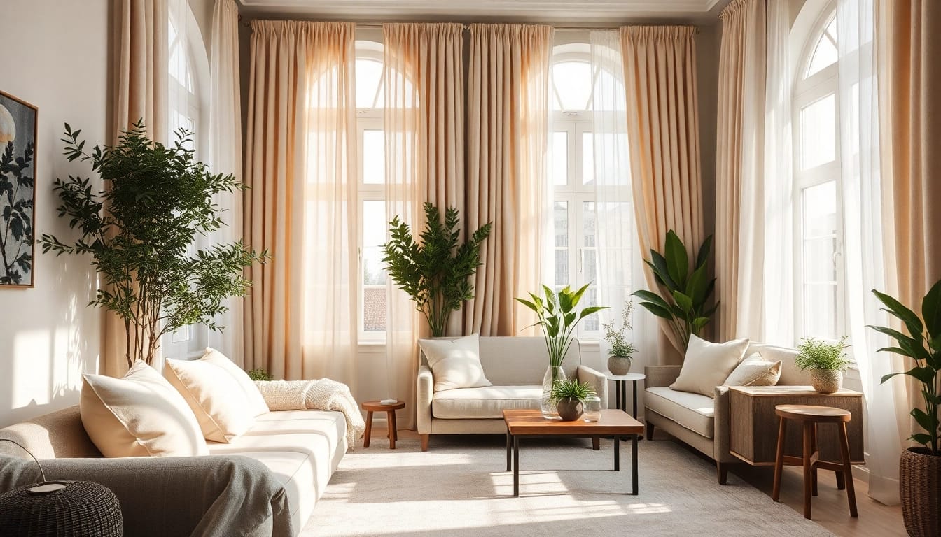 Linnen stoffen in verschillende texturen en kleuren creëren een warme, stijlvolle interieur.