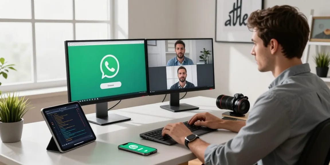 User utilizing WhatsApp電腦版 in a modern workspace, showcasing desktop engagement with tech tools.