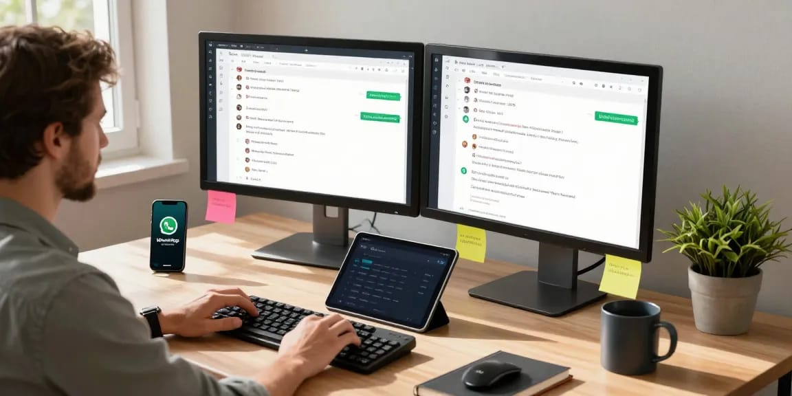 Using WhatsApp電腦版 on a desktop in a modern workspace with vibrant notifications and a productive setting.