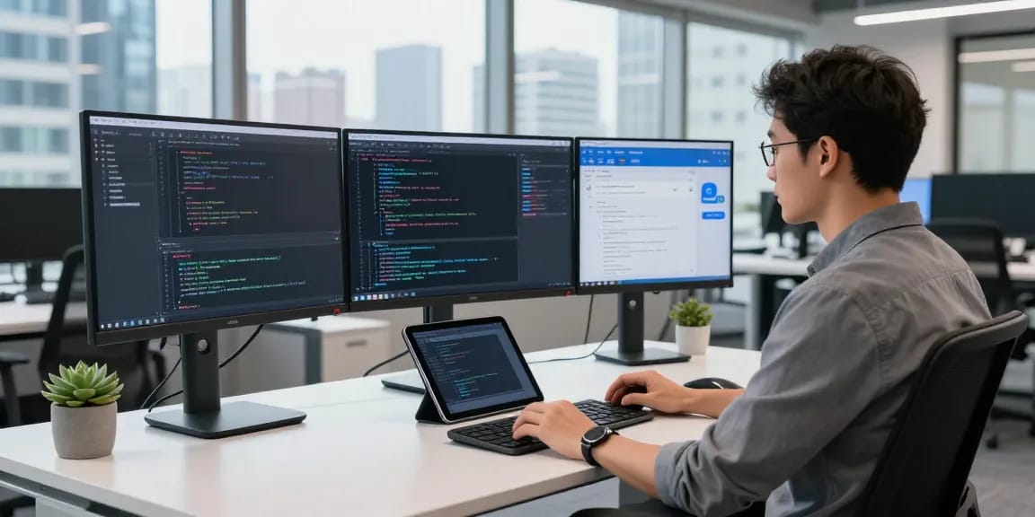 Developer engaging with koboldai AI chatbot on multiple screens in a modern tech workspace.