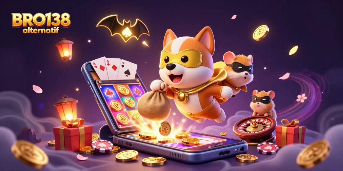 Engage in vibrant slot games with BRO138 alternatif featuring a superhero dog and hamster in action.