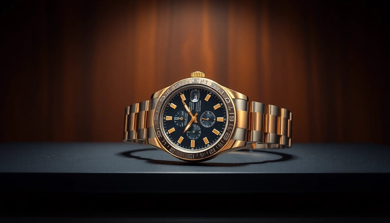 Admire a stunning rolex replica watch showcasing exquisite craftsmanship on a black surface.