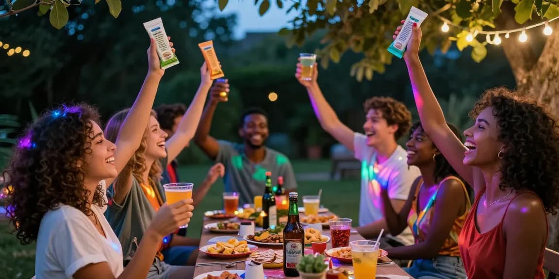 Group celebrating with herbal energy supplements at a vibrant party, buy-herbal-party-pills enhancing their mood.