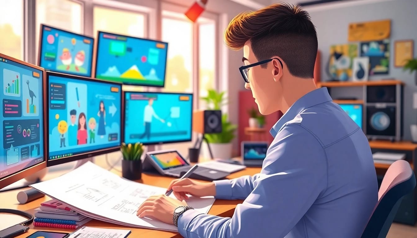 Erkläranimation im kreativen Studio mit bunten Grafiken und einem Animator bei der Arbeit.