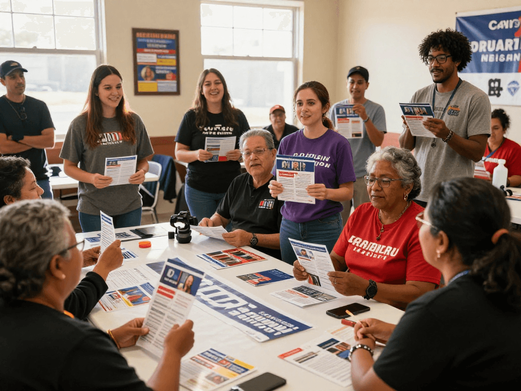 Direct mail for candidates displayed on table as political candidate engages with voters.