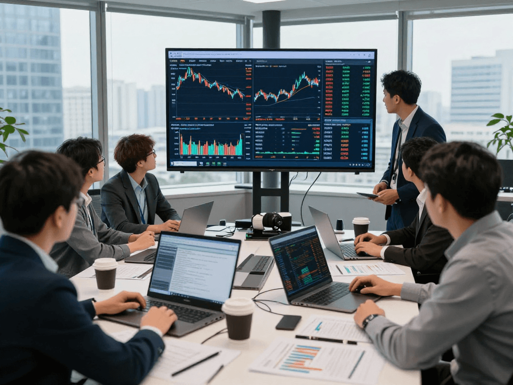 Collaborative finance team analyzing data from Hang Seng constituent stock API in a modern office