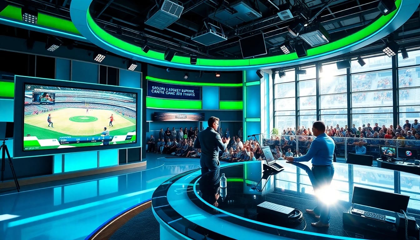 Engaging sports broadcasting scene showcasing a host and lively studio setting.