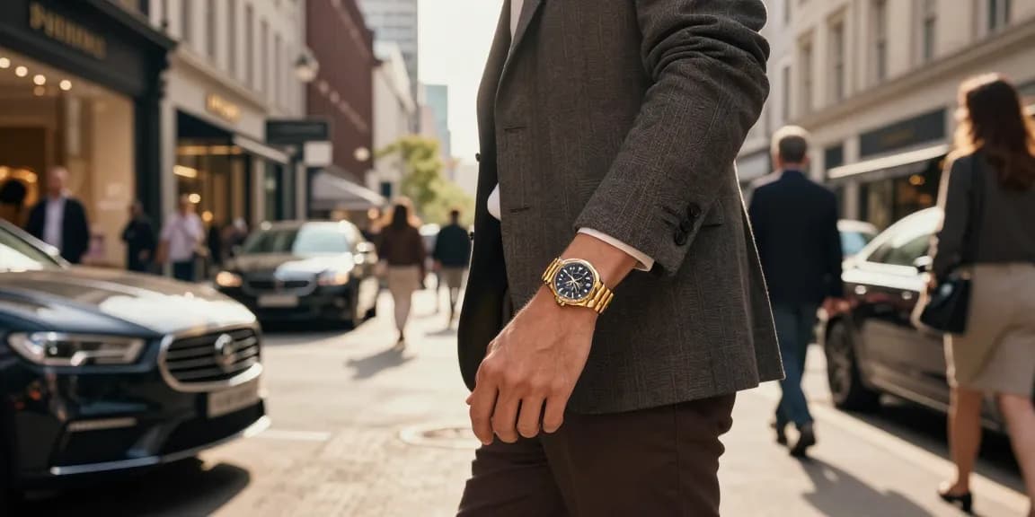 Individual flaunting a Rolex replica watch in a vibrant urban setting, exuding luxury and style.