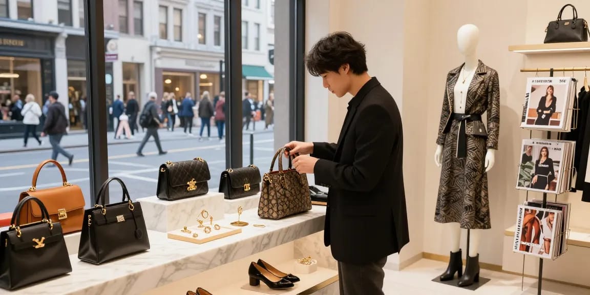 Fashion enthusiast checking luxury replica accessories in a chic boutique highlighting 명품 레플리카 options.