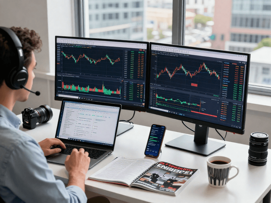 Trader using MetaTrader 5 in a high-tech financial workspace with dual monitors and trading tools.