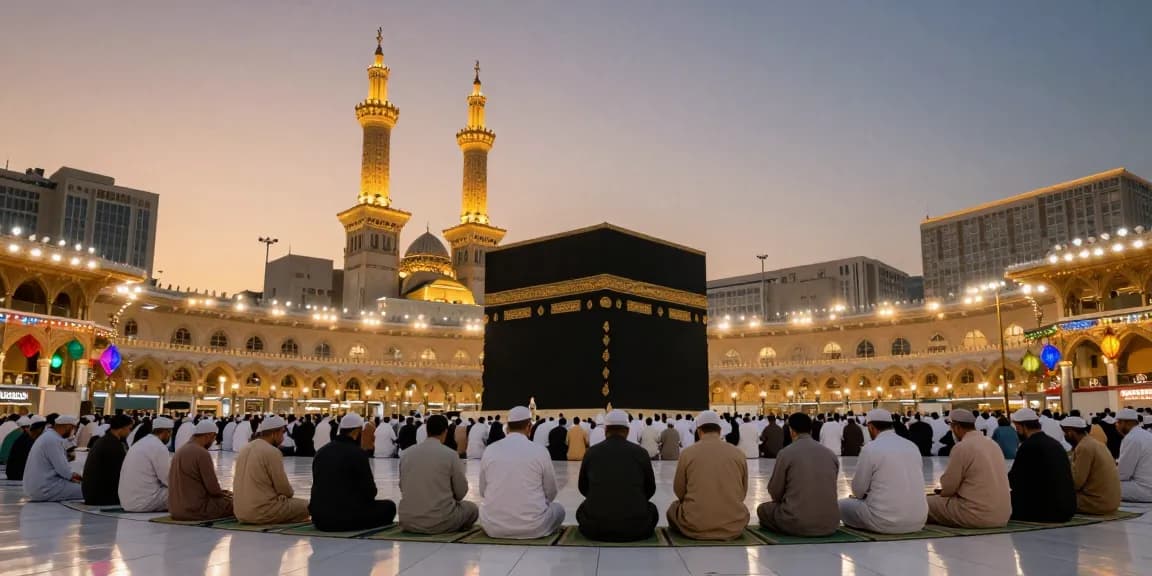 Majestic view of worshippers performing Umrah during Ramadan, celebrating spirituality and community in travel.