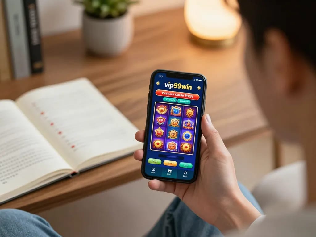 Engaging with vip99win casino app showcasing exciting slot games in a cozy home setting.