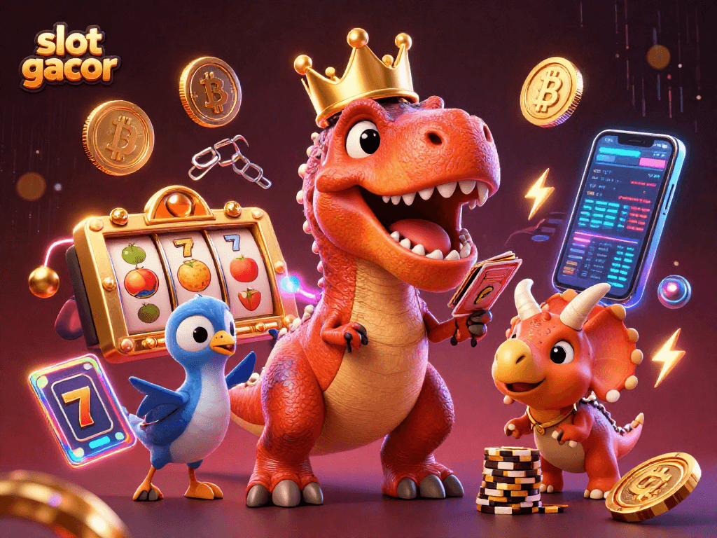 Experience thrilling slot gacor excitement with friendly cartoon dinosaurs in a vibrant 3D casino scene.