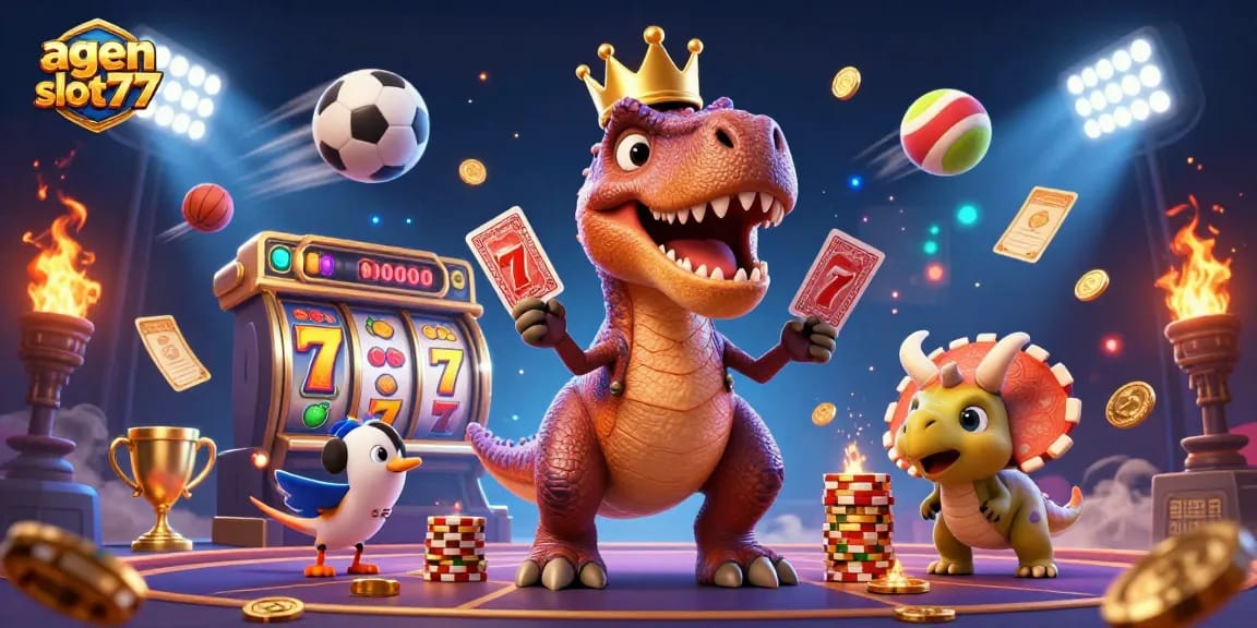 A vibrant 3D illustration of agen slot777 featuring a T-Rex card shuffling with a pterodactyl and a triceratops stacking golden chips