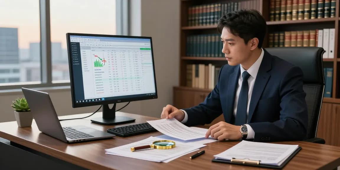 Asset tracing investigation in a modern office with financial graphs and legal documents.