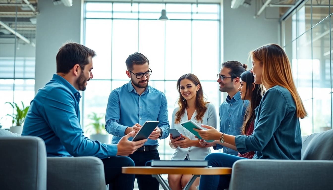 Providing managed IT services Lakeland, a team collaborates in a bright, modern office environment.