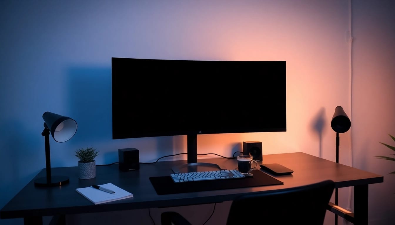 Black screen displayed on modern monitors in a minimalistic workspace for focus and productivity