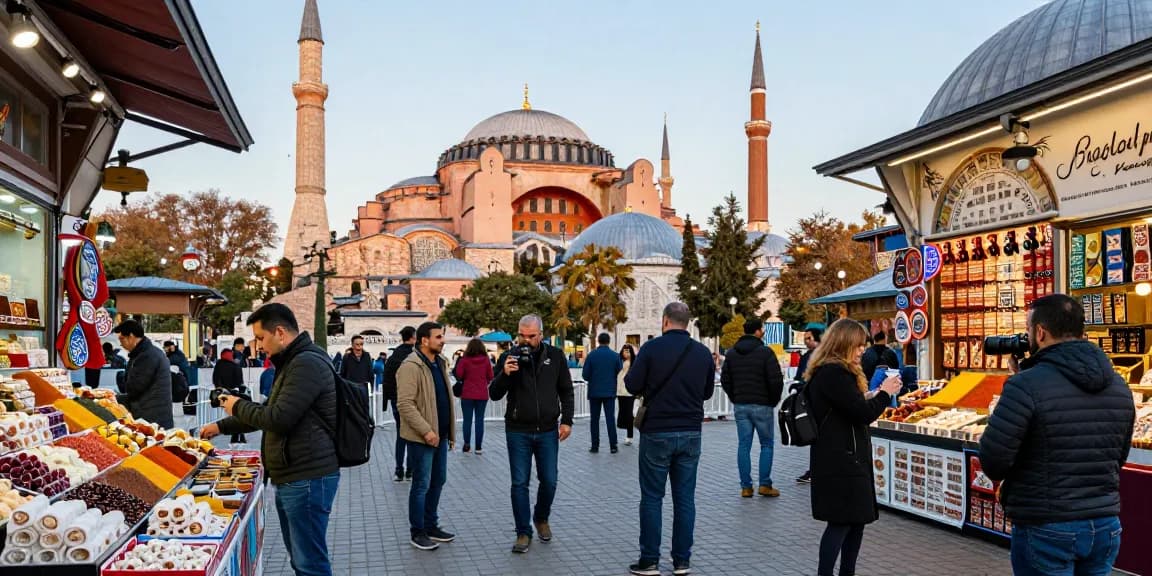 A vibrant scene of travelers exploring Istanbul's iconic landmarks, showcasing istanbulpano.com.