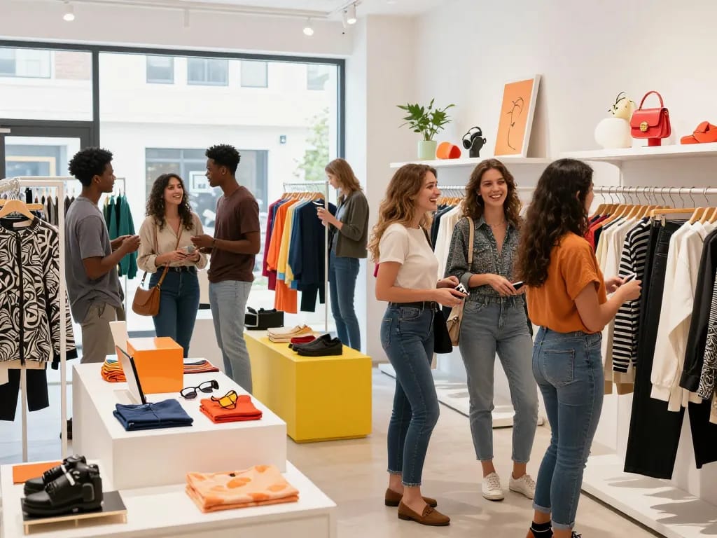 Shopping experience in a vibrant retail space showing friends exploring fashion items at https://forumup.org/shop/search.php?ca_id=&addr1=&addr2=&addr3=&schKeyword= with bright colors and natural ligh