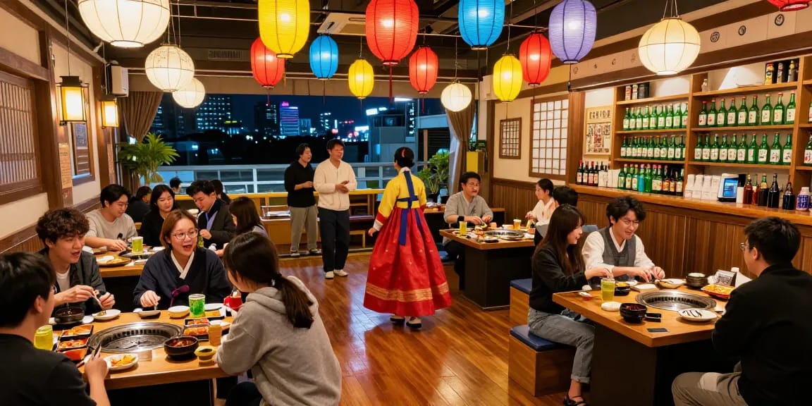 Gathering at 상봉동 한국관나이트 with friends enjoying Korean BBQ and traditional music in a lively atmosphere.
