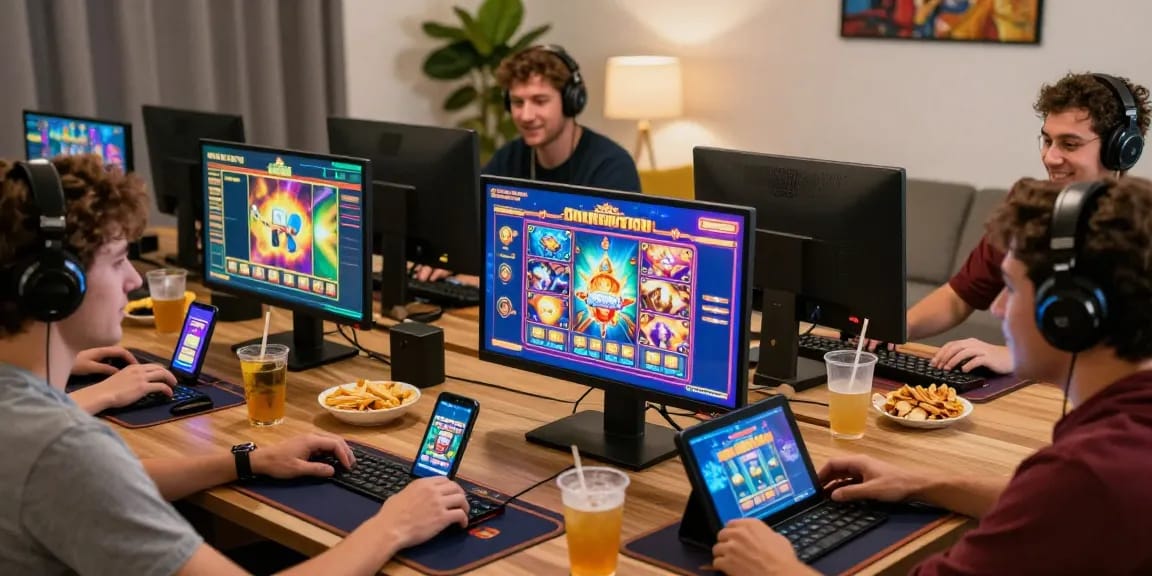 Players enjoying non UK slots in a cozy home environment, showcasing vibrant game screens and engaging atmosphere.