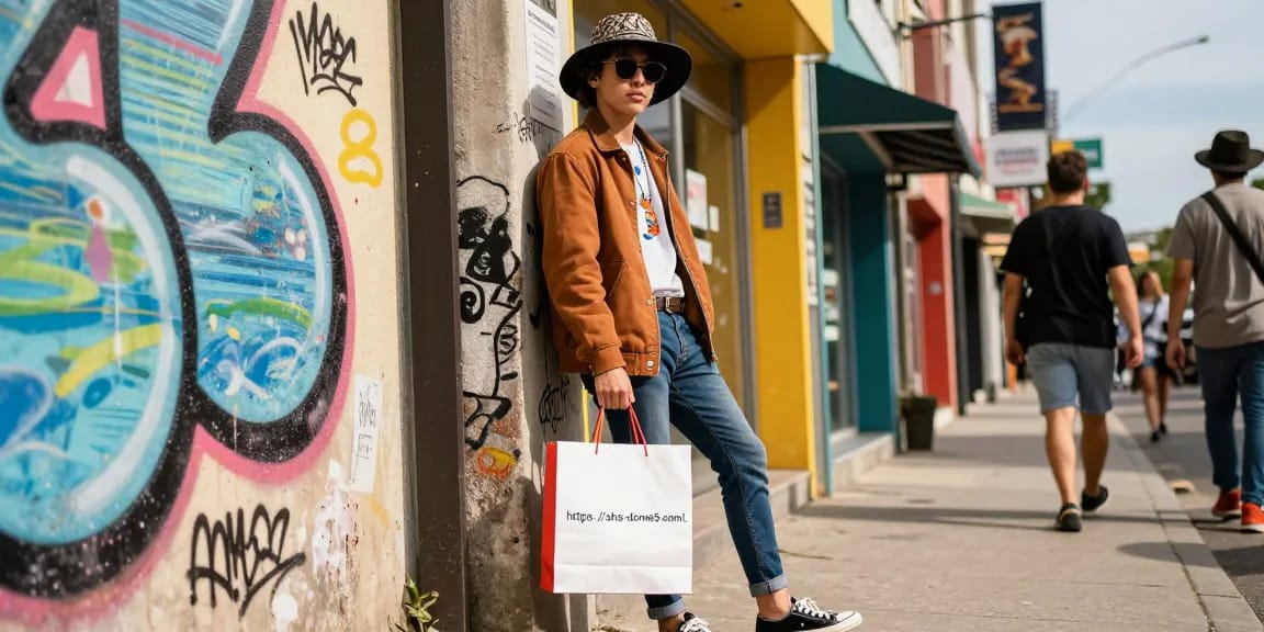 Youth in trendy urban fashion against street art while holding shopping bag from https://shs-dome5.com/.