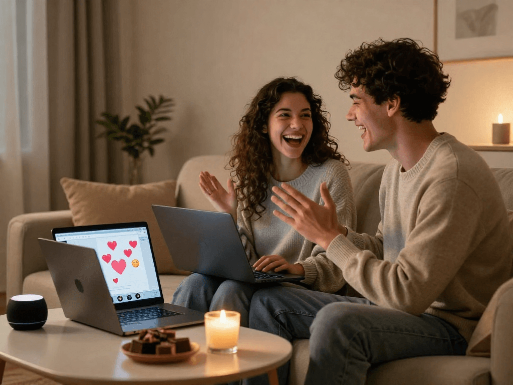 Couple enjoying a sex AI chat on laptops in a cozy setting with romantic props.