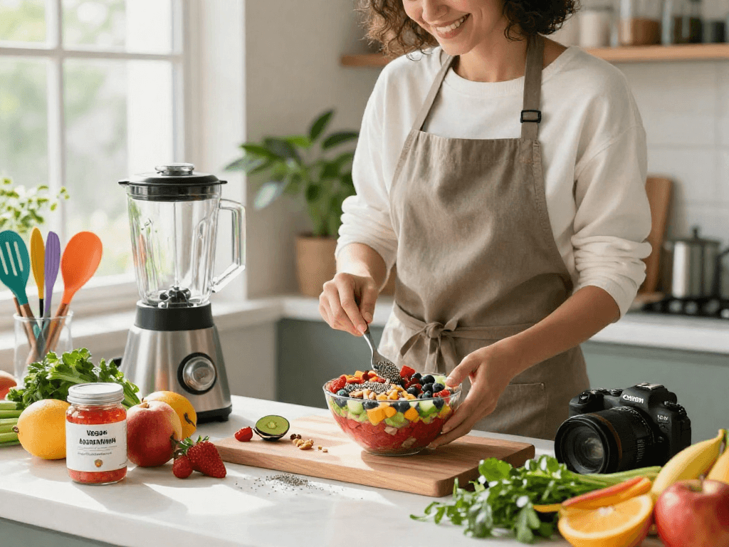 Creating a nutritious smoothie bowl with vegan astaxanthin supplement jars nearby in a bright kitchen.