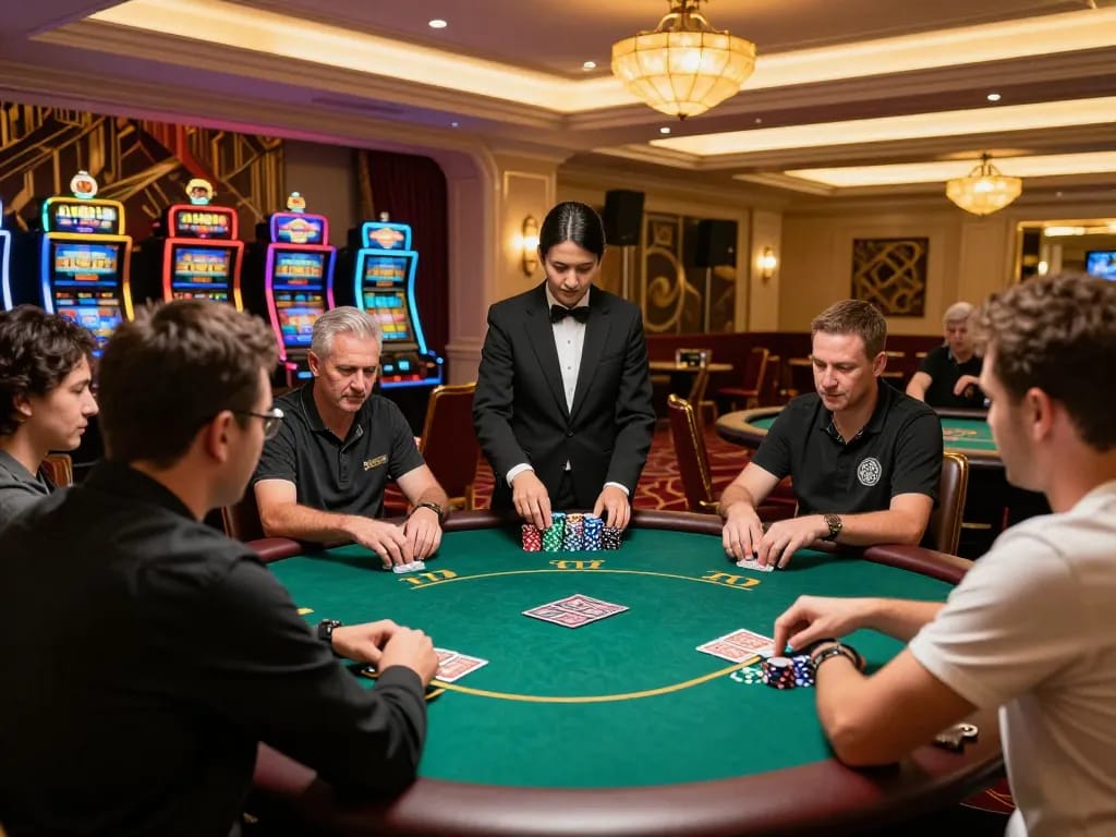 Players strategize in a thrilling Fly88 poker game at a luxurious casino.