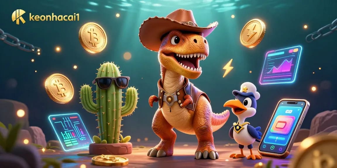 Engage with keonhacai1's vibrant casino adventure featuring a T-Rex, cactus, and roadrunner amidst crypto elements.