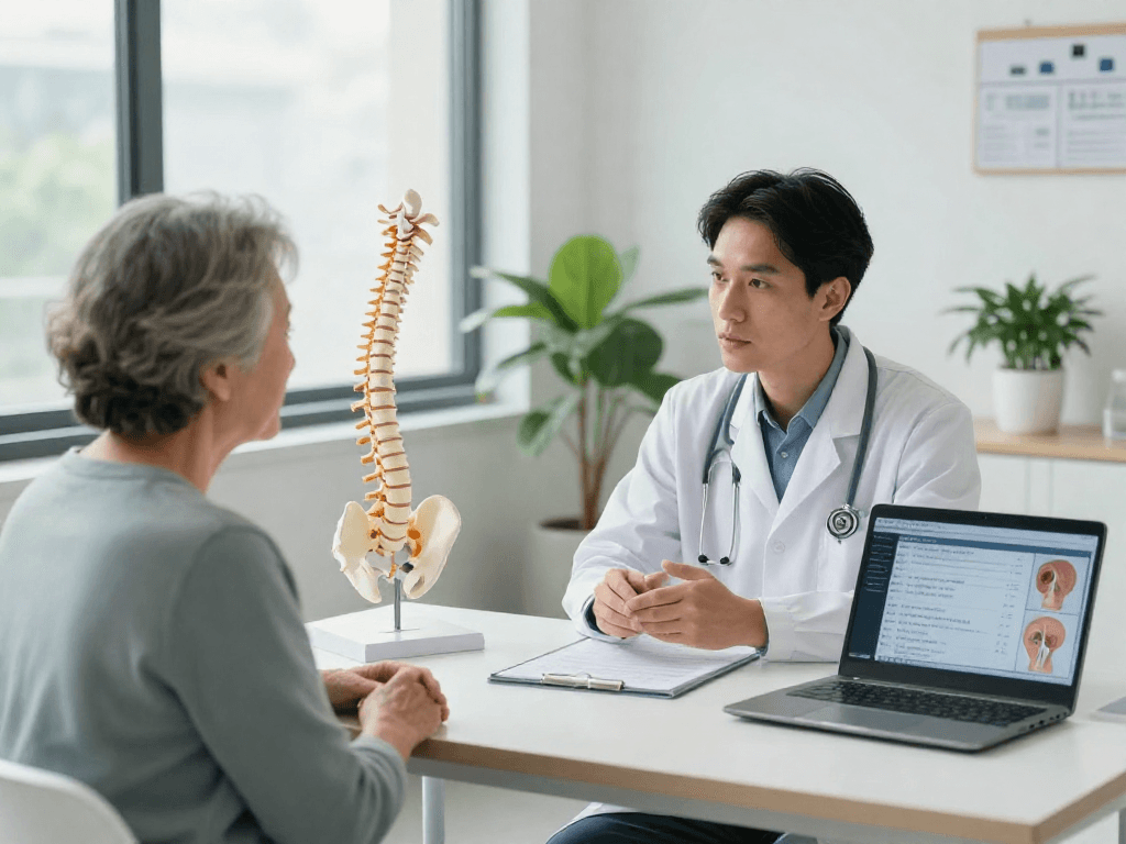 Consultation on Dar kanal ameliyatı with orthopedic surgeon and patient in a modern clinic.