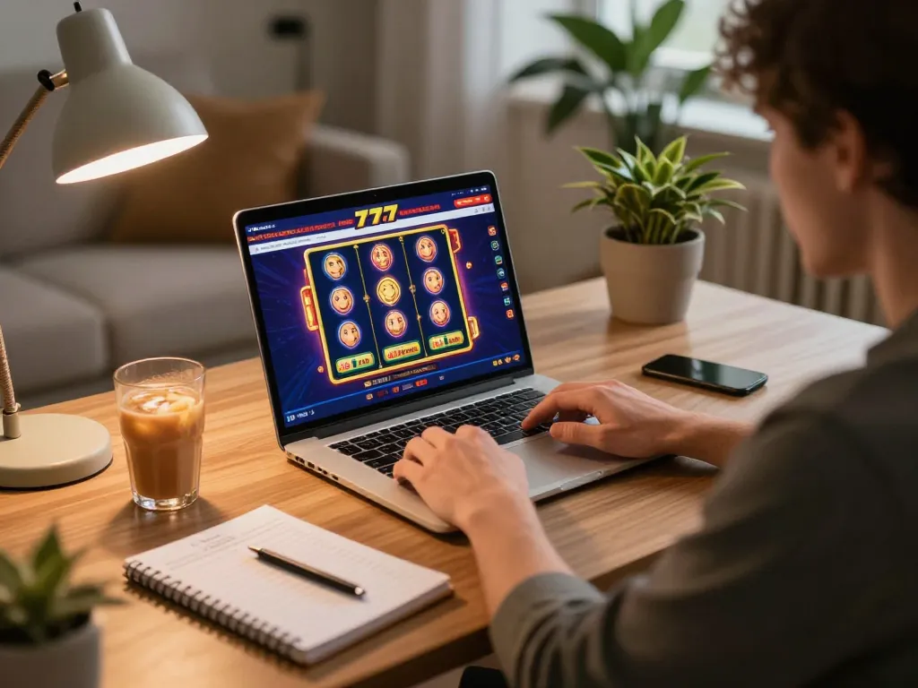 Engaged player spinning the reels on slot777 in a cozy online gaming environment