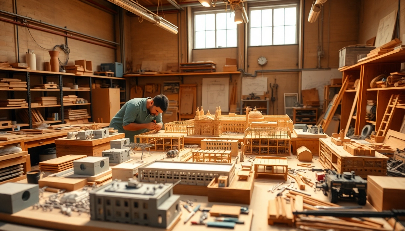 Industriemodellbau - Handwerker arbeiten an präzisen Modellen in einer hellen Werkstatt.