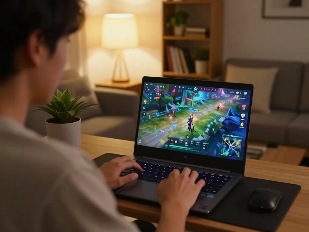 Engaging in an NSFW game on a laptop in a cozy home environment.