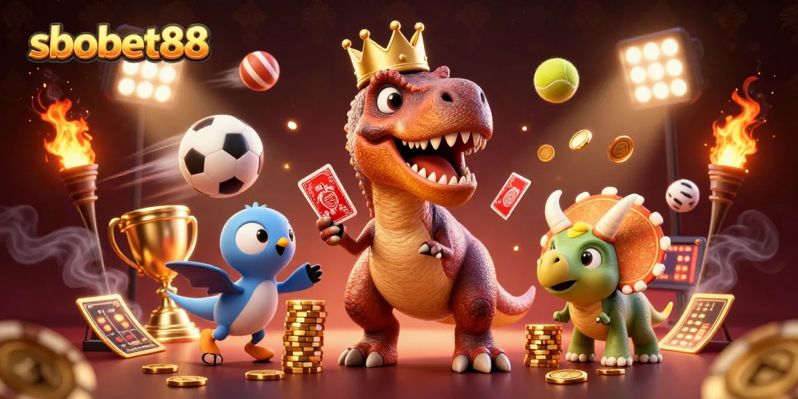 sbobet88 brings dynamic sports action with T-Rex playing cards while chips are stacked in a vibrant casino scene