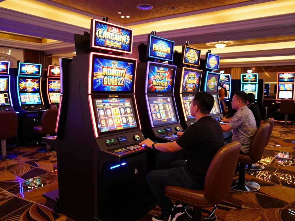 Engaged players enjoying vibrant slot gacor machines in a luxury casino atmosphere