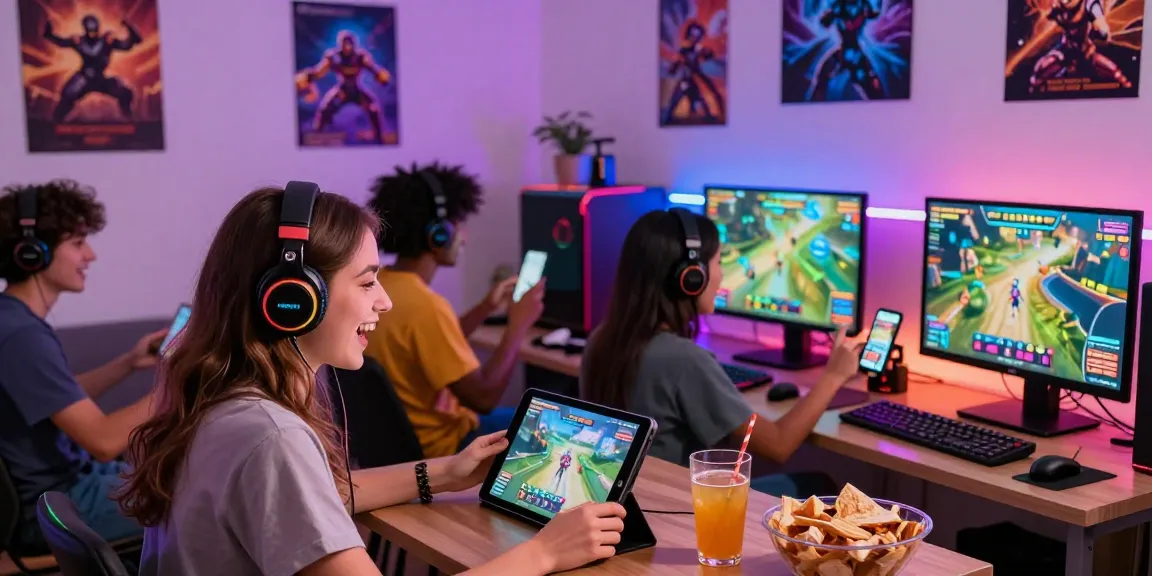 Friends enjoying free porn games together on various devices in a lively gaming room.