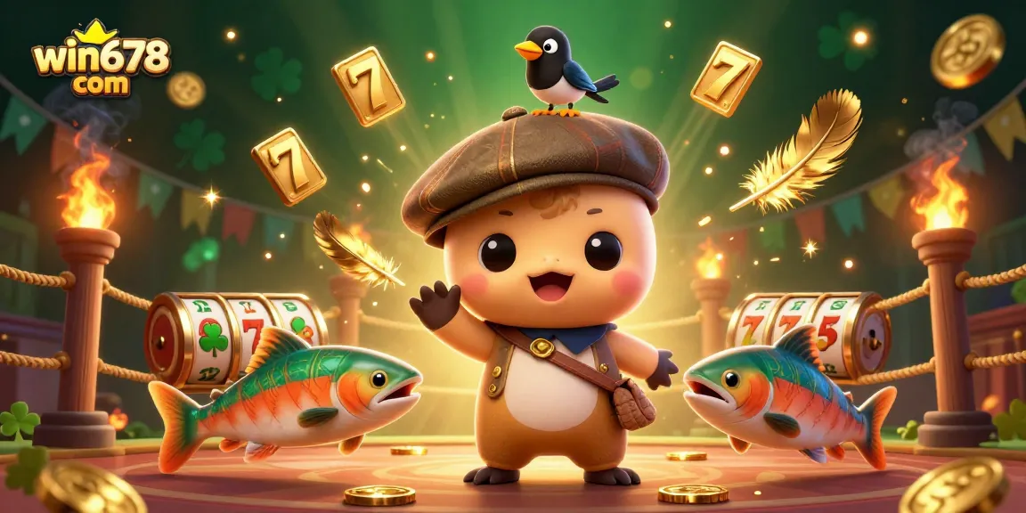 Engage in thrilling games at win678 com with vibrant casino elements, showcasing dynamic slot reels and playful cartoon characters.