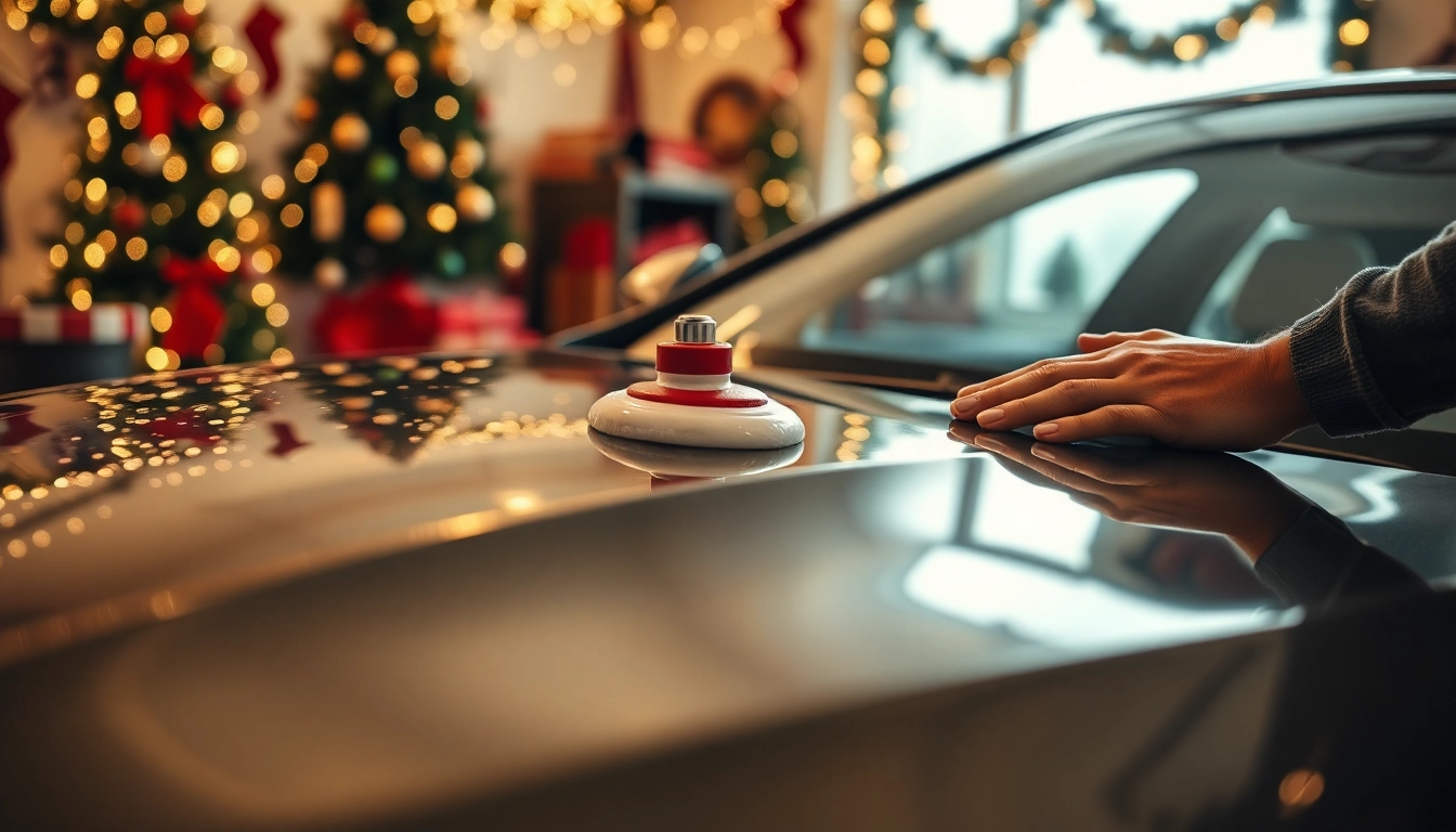 Christmas car detailing gift showcases a professional detailer polishing a car in a festive workshop.