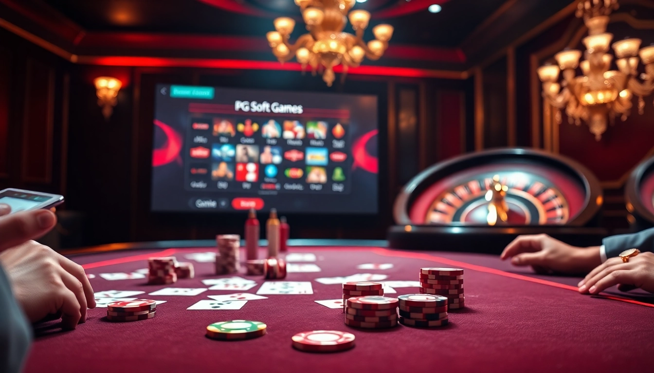 Engaging casino scene with PG Soft games, poker chips, and a roulette wheel.