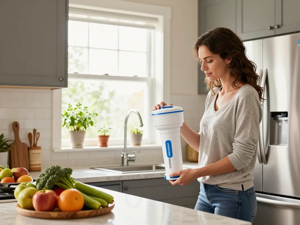 Waterdrop Replacement for GE® RPWFE® being installed in a modern kitchen with fresh produce.