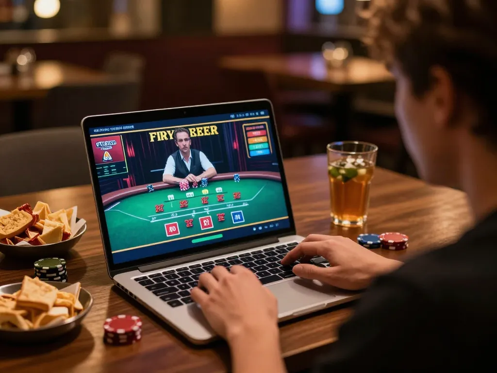 Engaged gamer at Fly88 Movie enjoying live dealer blackjack on laptop in a cozy setup.
