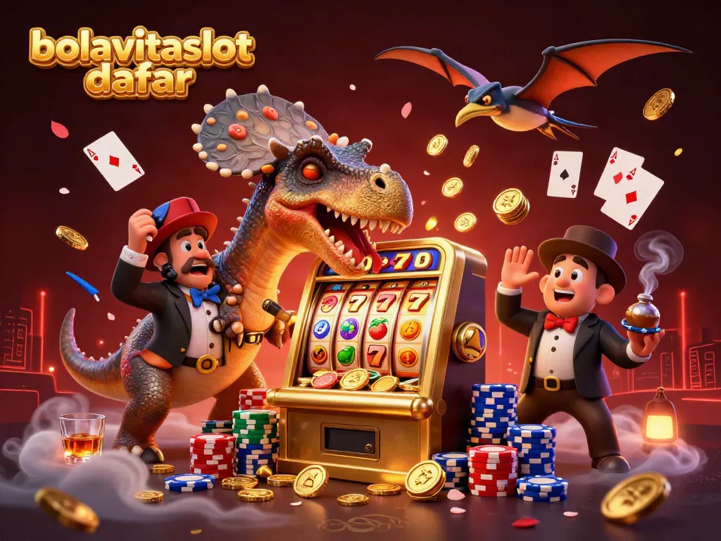 Experience the excitement of bolavitaslot daftar with a dynamic scene of a cartoon dinosaur and a golden slot machine.