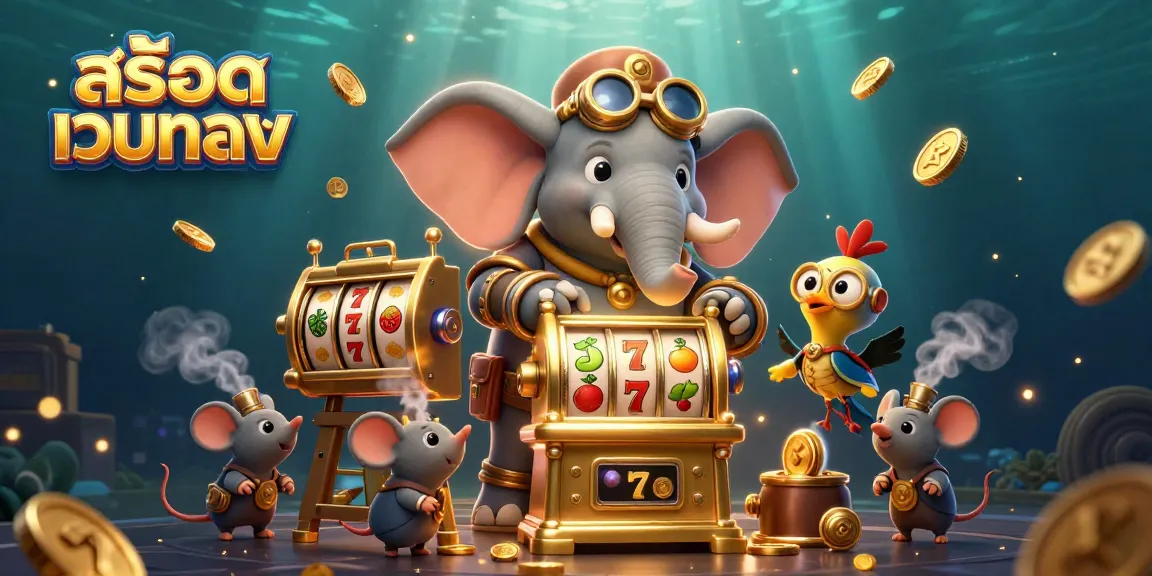 Engage with สล็อตเว็บตรง on a vibrant 3D illustration of a steampunk elephant mastering a slot machine.