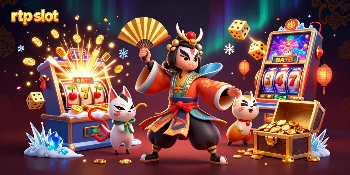 Experience the excitement of rtp slot with this dynamic 3D illustration of kabuki warriors and jackpots.