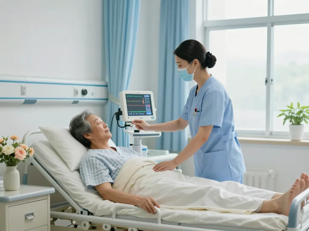 Giường bệnh nhân being adjusted by a nurse for patient comfort in a healing hospital room environment.
