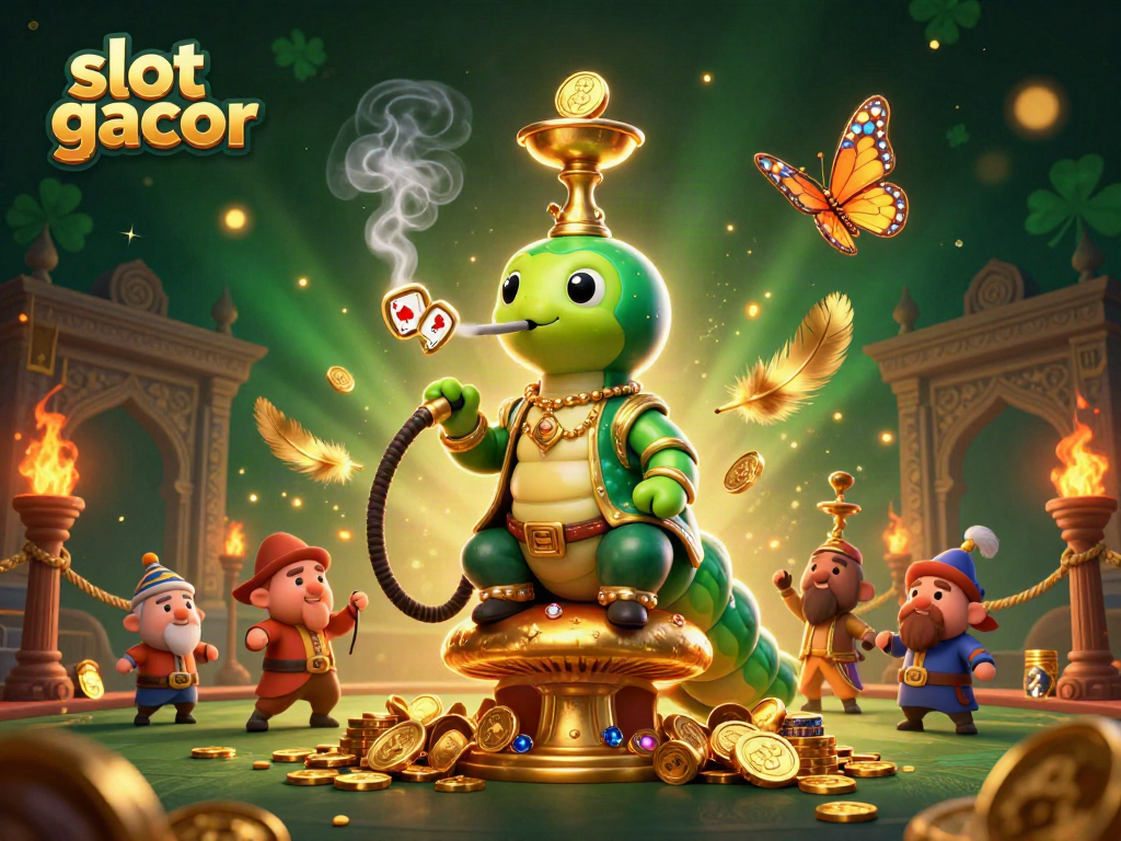 Experience slot gacor excitement with a vibrant 3D illustration of a hookah-master in a casino-themed setting.