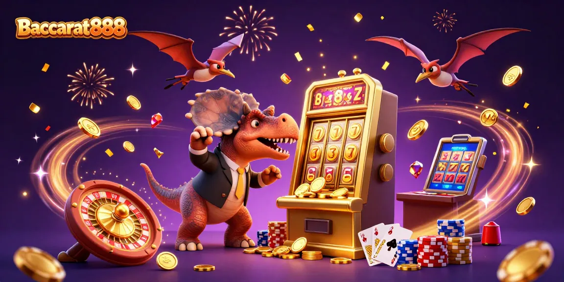 Baccarat888 features a cartoon dinosaur hitting a slot machine, showcasing dynamic casino action.